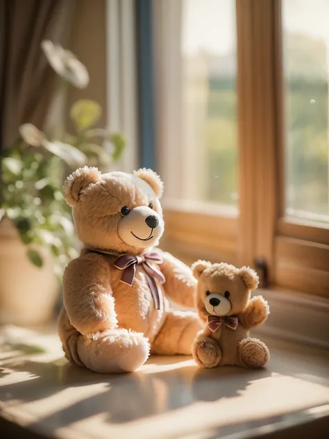 (style - depth of field:1.4) teddy bear product photo, morning light shining through the window, (prospect:1.3),  (masterpiece) ...