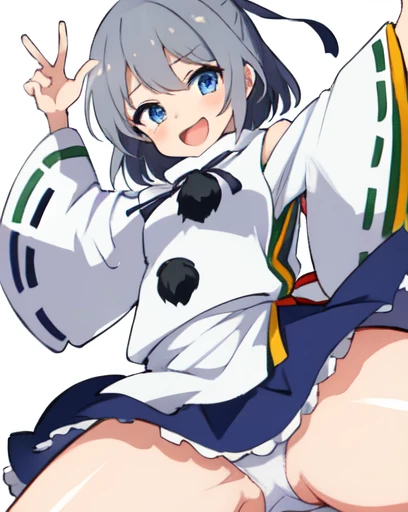 mononobe no futo, One Girl, Long sleeve, Sleeves edged with ribbon, Gray Hair, blue eyes, Proud face,
Underbust,  Small breasts, Spread your legs,Butt,Thighs,Plump，milk,Underarm,Underbust，vapor，High Leg，Low Angle,No underwear,vagina,Female organ,semen，smil...