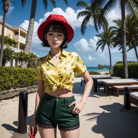 Celine,girl, black eyes, black short hair, Green shorts, red hat,Yellow floral lace shirt, Tie waist shirt, openly, looking at the audience, serious, 
stand, hands on hips, outside, beach house, palm tree, sky, 
Extreme details, HDR, realistic details, ana...