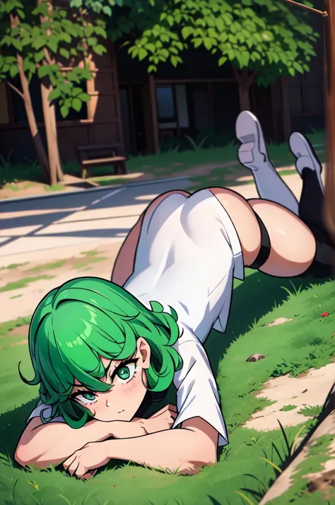 absurdres, highres, ultra detailed, tatsumakitornado, short green hair, curly hair, white shirt, black shorts,office outfit,outdoors, green eyes ,full body ,looking up at veiwer, blushing ,laying on the ground with her legs cross