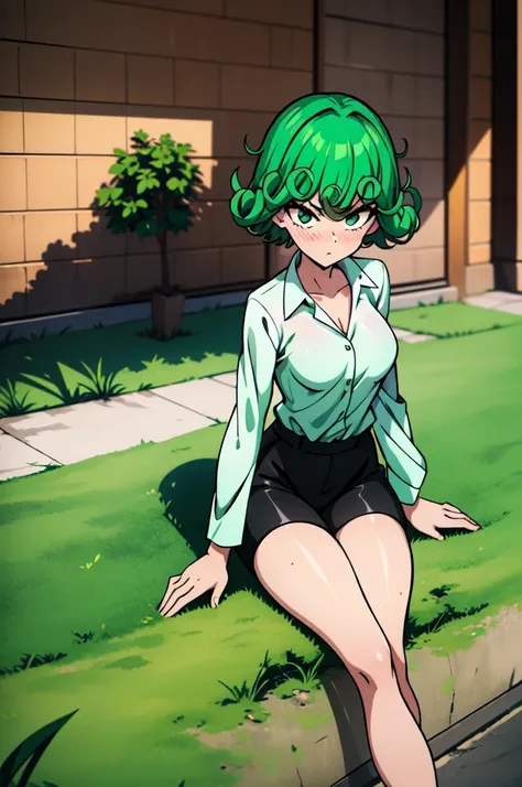 absurdres, highres, ultra detailed, tatsumakitornado, short green hair, curly hair, white shirt, black shorts,office outfit,outdoors, green eyes ,full body ,looking up at veiwer, blushing ,laying on the grass with her legs cross 