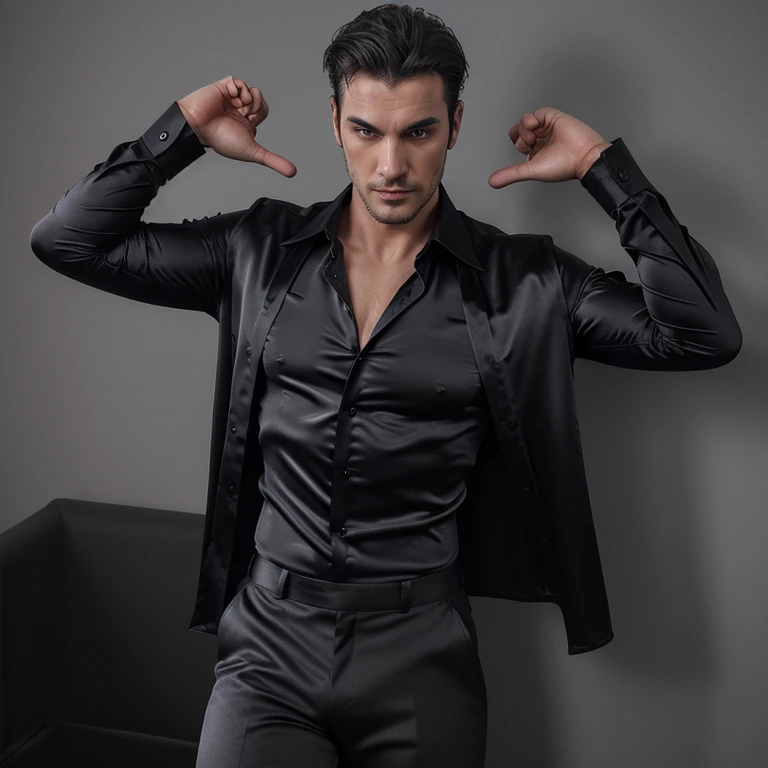 Sexy man wearing black satin shirt and unbutton the shirt