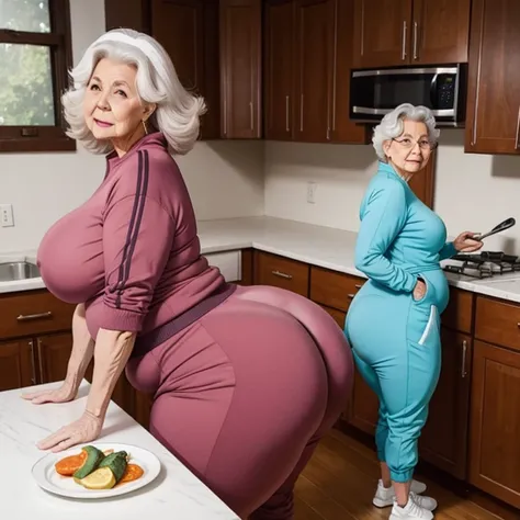 Enormous booty granny in kitchen  ,full body , granny with tracksuit ,very large bosum ,very large cheeks,very large thighs, very wide hips,largest haunches ever