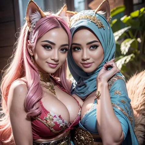 The whole body consists of a young girl with hijab, Eye makeup, 35 year old model, Cat ears, Soft lighting, Solo, Wear shabby clothes, Dirty, Tattered futuristic military uniform, sexy body, morning time, smiling, happy, bright sunshine, beach, blurred bac...