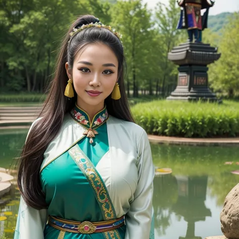 (thai woman),((highponytail)),(forehead),(oriental folk costumes:1.5),(enormous breasts:1.5),(fantastic world:1.7),(meadows and ...