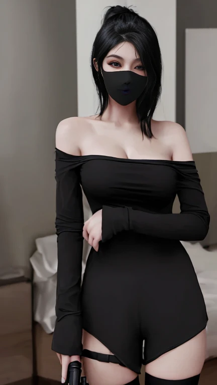 beautiful girl,sexy,black hair,big breasts,Wear a black mouth mask.,Wearing a black, long-sleeved, bare-shouldered killer outfit.,Wear black shorts,Wear long black stockings.,Holding a gun in both hands,standing in bedroom