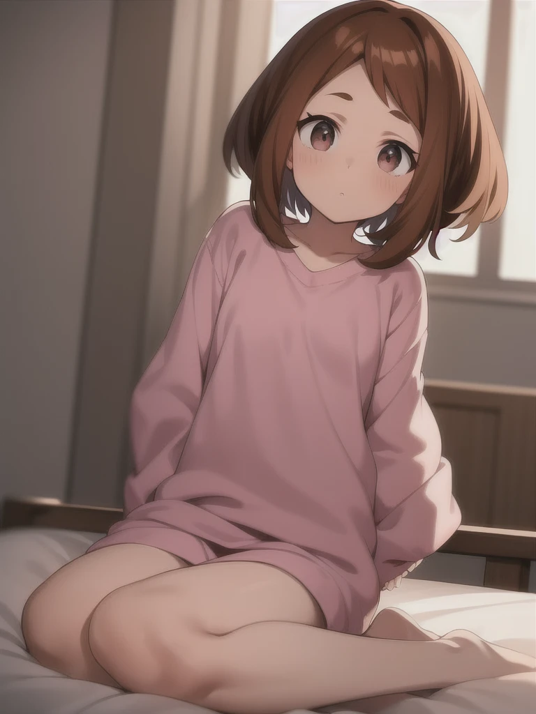 ochaco uraraka,white bra, wearing pink pajamas shorts, nice environment, super detailed, high quality ,laying in bed with veiwer...