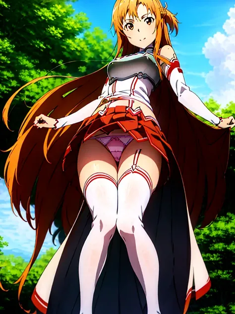 Asuna Yuki(Sword Art Online), From below， Long bronze hair,Braiding,Brown eyes,Fine grain,Big bust line,roll forward,Armature,breastplate,Long sleeve white shirt,Removable sleeves,Red and white skirt,Pleated skirt,real,Her slim legs are really cute.,Very b...