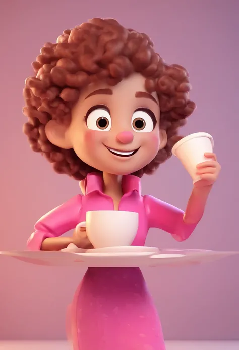  happy drinking coffee pink character curly hair brown eyes