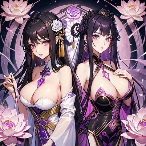 Beautiful tall woman, slim build, pink lips, dark violet eyes, long loose black hair with violet sparkles, lilac and purple ancient Chinese clothing with lotuses, lotus jewelry