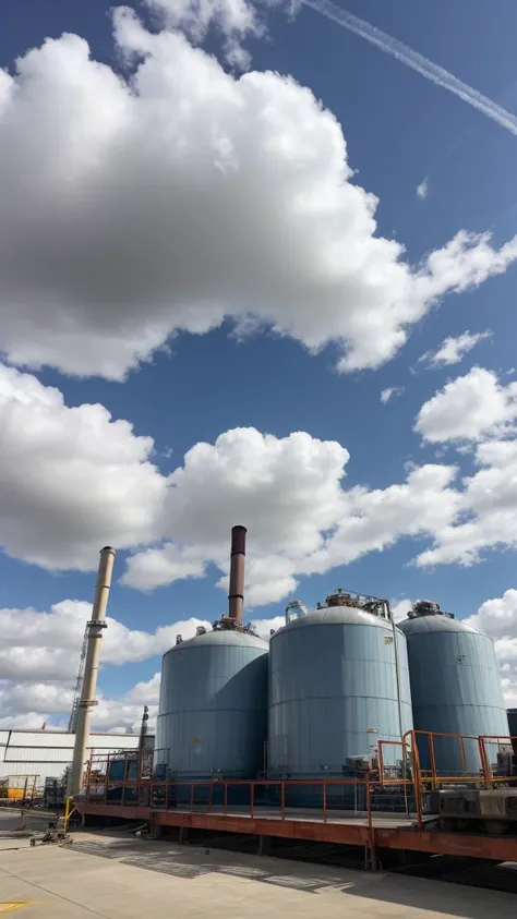 Landscape of Engineering Industrial Photo the Large Steel Water Tanks at industrial complex, factory and pipe installation as background and cloudy blue sky. Instagram photo, corporate photo, industrial tank. 