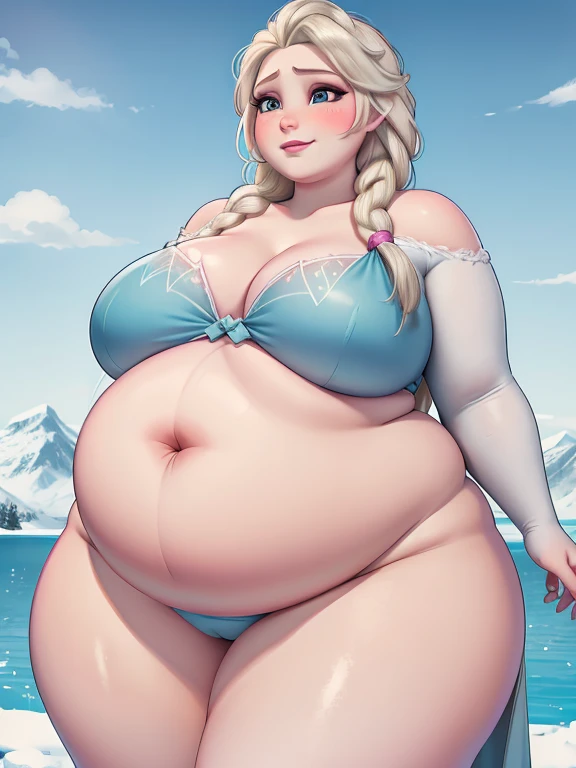 Fat pregnant elsa, eyeshadow, blushed, closed smile, big cheeks, bikini, Big lips, double chin, chubby body,bbw, morbidly obese, fat rolls, pregnant belly, weight gain, frozen lake 