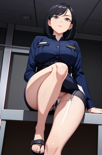 (unity 8k wallpape),(best quality),(high resolution),(ultra-detailed),(perfect anatomy),(beautiful detailed eyes),japanese mature,Beauty,slender,50yo,house wife,black hair,middlehair,policewoman,Navy blue uniform,mini skirt,White panties,(garter belt),came...