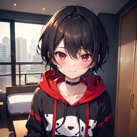 Boy, Slim body, black hair, Short hair, red eyes, looks like a girl, smiling, blushing, Oversized hoodie, Bedroom