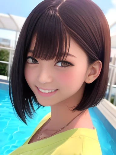 Product quality, 1 girl, Upper Body Shot, Front view, Young and pretty girl in Japan, Bob Hair, Attractive person, Prepared and consumed, Standing by the pool with a smile, Wet body, Wet Hair, Super cute face, Glossy Lips, Double eyelids on both eyes, Natu...