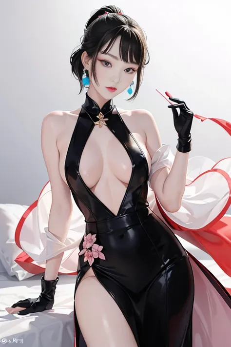 tsuruta ichiro, Narrow-eyed, 1girl in, Allback、deadpan、short-hair、shorth hair、brow、Reluctance、A dark-haired、Tucked Hair Solo, Cowgirl, Onepiece, ((big breasts)), Thin slit eyes、Black eyes, Light shines on the eyes、Black hair, gloves, Dress, Luxurious Jewel...