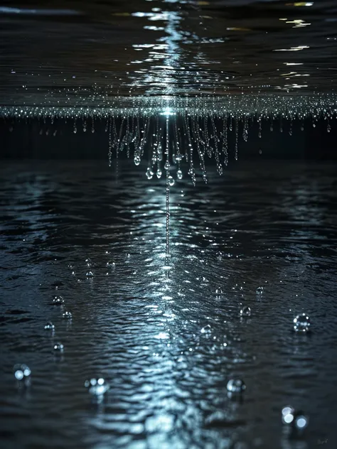 En el suelo lleno de agua llueve mucho, water drops splash strongly upwards in symmetry