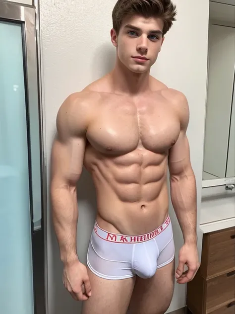 A 20-year-old boy, white skin, blue eyes, defined body, strong and defined pectorals, big legs, very beautiful and well-formed full body, very fine features.