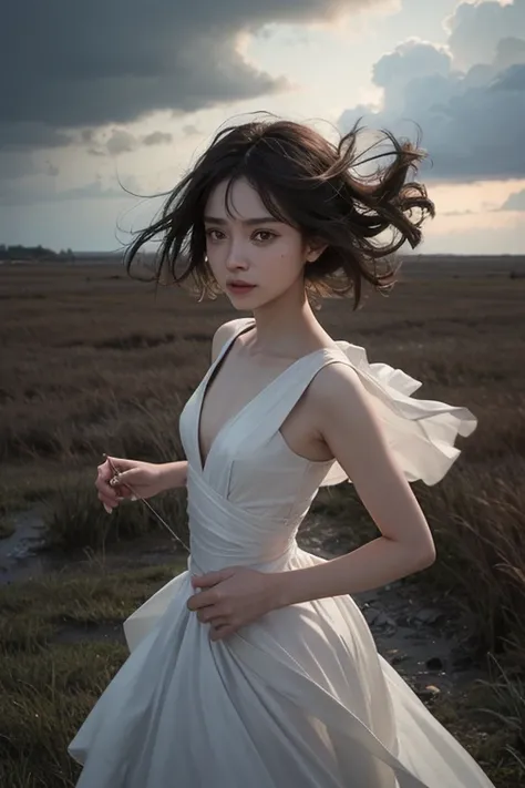 Picture a vast grassland where a girl stands,her expression emotionless,eyes fixed on the horizon where a storm brews under a gloomy sky. The strong winds set her hair into a wild dance,adding dynamism to the somber scene. The distant storm seems to mirror...