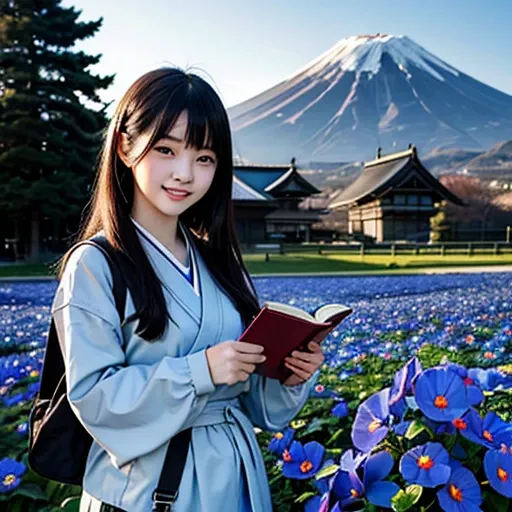 best quality, masterpiece,
outdoors, 

a high school girl with a book and a schoolbag,
wearing a long-sleeved Japanese mitakihara , 
smile, cute, face fully visible, serafuku,


Background,

blue Morning glory, 
(only one large and big mount Fuji:1.2)