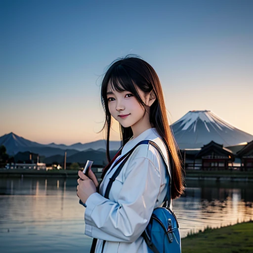 best quality, masterpiece,
outdoors, 

a high school girl with a book and a schoolbag,
wearing a long-sleeved Japanese mitakihara , 
smile, cute, face fully visible, serafuku,


Background,

blue Morning glory, 
(only one large and big mount Fuji:1.2)