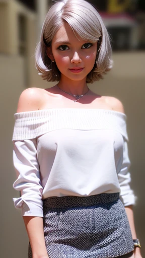 highest quality, Ultra-high resolution, (Realistic: 1.4), One Girl, off-the-shoulder white shirt, Black tight mini skirt, (Faded grey hair,short hair), (Mid-chest: 1.2), Look Viewer, close,