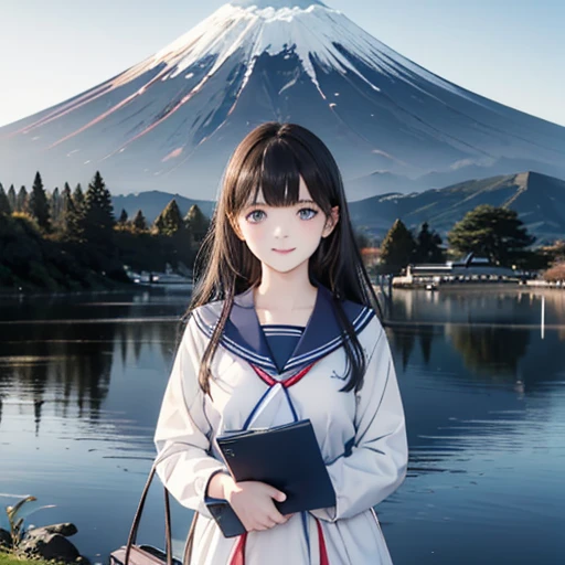 best quality, masterpiece,
outdoors, 

a high school girl with a book and a schoolbag,
wearing a long-sleeved Japanese mitakihara , 
smile, cute, face fully visible, serafuku,


Background,

blue Morning glory, 
(only one large and big mount Fuji:1.2)