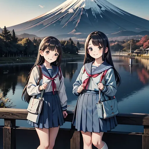 best quality, masterpiece,
outdoors, 

2 high school girls with a book and a schoolbag,
wearing a long-sleeved japanese mitakiha...