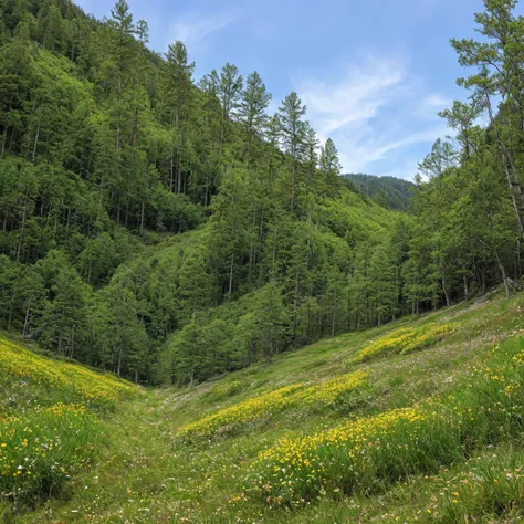 The mountain is not a snowy mountain、The color of young leaves in early summer