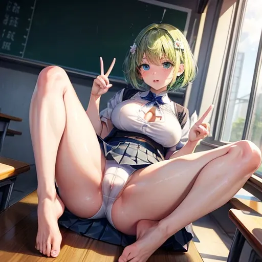 masterpiece, highest quality, High resolution,  short hair， Short skirt、Drooping eyes，barefoot，Looking up，Embarrassed face，Angle from behind、Big Breasts，Spread your legs、 cosplay、The white underwear is transparent、Green Hair,Peace sign next to face、In the ...