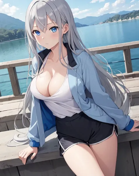 (((masterpiece))), ShizukaMikazuki, One Girl, alone, View your audience, Long Hair, Gray Hair, Long sleeve, Cleavage, Large Breasts, Close your mouth, clavicle, Jacket, Open clothes, open Jacket, blue Jacket,open white shirt,Black shorts, Play sports often...