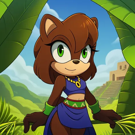 sonic (series), 1girl, anthro panther girl, female mobian, mobian, blunt bangs, short hair, green eyes, (brown fur:1.3), aztec clothes, aztec skirt, jungle biome, aztec piramid, outline, Intricate Details, Masterpiece, Best Quality, High Quality, Studio Qu...