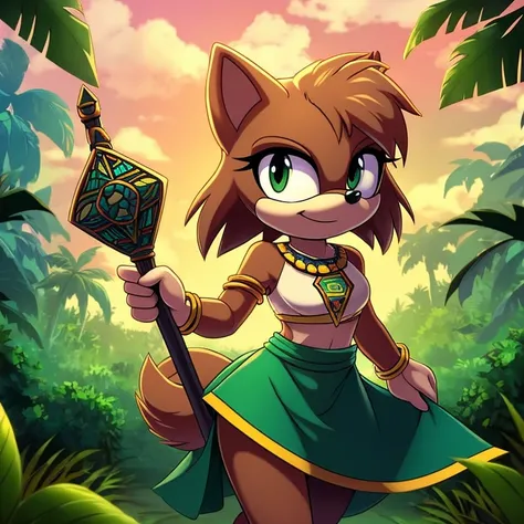 sonic (series), 1girl, anthro panther girl, female mobian, mobian, blunt bangs, short hair, green eyes, (brown fur:1.3), aztec clothes, aztec skirt, jungle biome, aztec piramid, outline, Intricate Details, Masterpiece, Best Quality, High Quality, Studio Qu...