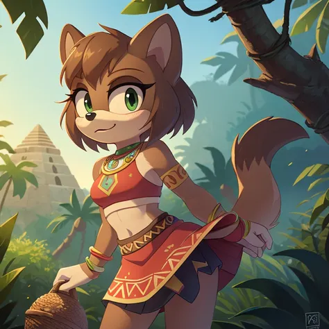 sonic (series), 1girl, anthro panther girl, female mobian, mobian, blunt bangs, short hair, green eyes, (brown fur:1.3), aztec clothes, aztec skirt, jungle biome, aztec piramid, outline, Intricate Details, Masterpiece, Best Quality, High Quality, Studio Qu...