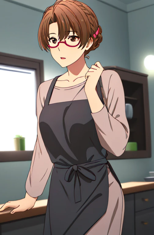 indoor, in the kitchen,
standing on the floor,
apron, clavicle, (黄color_shirt),
bangs, brown hair, blue eyes,single blade, orang...