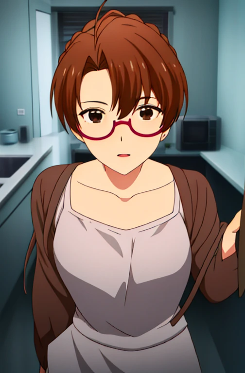 indoor, in the kitchen,
standing on the floor,
apron, clavicle, (黄color_shirt),
bangs, brown hair, blue eyes,single blade, orang...