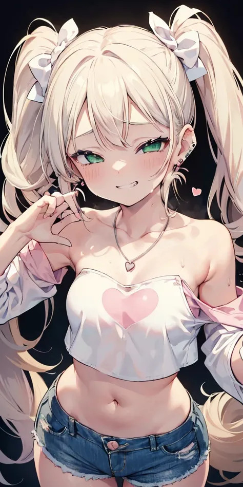 1 girl,heart-shaped pupils, hand on hips, blond hair, blonde hair, (((blond hair))), ((green eyes)), green colored eyes, long hair, (((long twintails))), Upper body, trembling, Sweat, Sweatdrop, heart, (speed line:1.1), ((Flat milk)), ((heavy breathing:1.3...