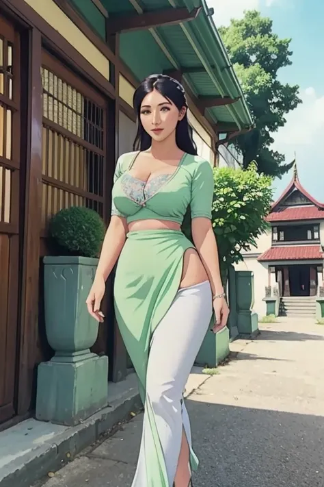 A charming painting of a Burmese beauty，Wearing a casual Burmese green longyi and white top, (Sagging breasts、Cleavage, cleveage、Thick thighs, Perfect body, )Curvy body, Perfect breasts, Pathein umbrella drawn in sexy pose with soft green floral pattern, W...