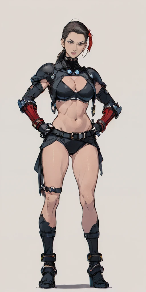 ((Plain background 1:2)) (Cammy White Street Fighter 6) Female full body standing straight symmetrical looking to the viewer RED full body armored (handcuffs, shackles, rerebrace, faulds, poleyn, gauntlets, leather collar choker) big belt under belly butto...