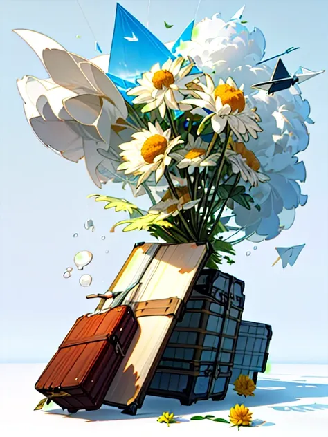 there is a suitcase with a straw hat on top., cloud, atmosphere, leaf, floating chrysanthemums, paper airplane, (miniature: 1.2)...