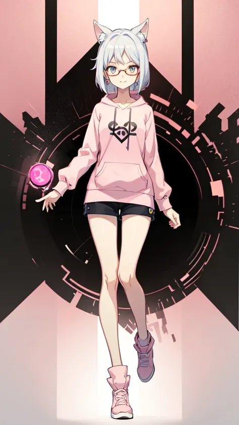 ((anime style)) 1girl, 20 years old, mechanical limbs, [weapon], skin colored skin, ((wearing a pink hoodie with animal ears)) ,...