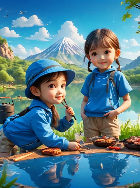 a cute boy and girl，tented camp，spring outing，lake，natural scenes，barbecue，blue sky natural background，wide angle，clay materials...