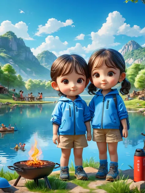 a cute boy and girl，tented camp，spring outing，lake，natural scenes，barbecue，blue sky natural background，wide angle，clay materials...