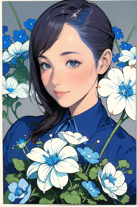 Charlie Bowter paints realistic lithograph portraits of women。A lot of nemophila(1.8), Many bouquets of nemophila(1.8), Blue and light blue, Flowers, [Equipment], pipe, Dieselpunk, Multicolored ribbons, Old paper texture, Very detailed