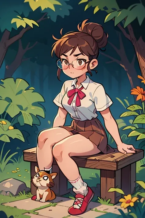 1girl, brown hair, chipette, furry, glasses, hair bun, jeanette miller, Seated on a stone bench in a serene Zen garden, she reflects inner peace and serenity, muscular, pink ribbon, pleated skirt, ponytail, round eyewear, single hair bun, skirt, socks, sol...