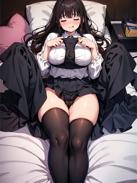 high school girl、Unfold panties with both hands、Plump thighs、Best image quality、High resolution、masterpiece、super high quality、Brown bra、Brown panties、とてもBig Ass、Blushing、4K quality、Thick thighs、Big Ass、Blushed、Big Breasts、Proud face、Wearing black knee soc...