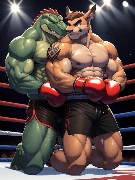 Duo male fighters(Brown Kangaroo vs Green Gator, handsomes, perfect eyes, Thick eyebrows), beso gay(cuddling kneeling, embraced from behind, in a boxing match), hot(Shirtless), handsomes(They are handsomes, correct anatomy), musculosos(Big muscle bodies, S...