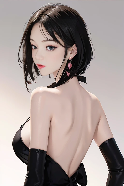 tsuruta ichiro, Narrow-eyed, 1girl in, Allback、deadpan、short-hair、shorth hair、brow、Reluctance、A dark-haired、Tucked Hair Solo, Cowgirl, Onepiece, ((big breasts)), Thin slit eyes、Black eyes, Light shines on the eyes、smile, Black hair, gloves, Dress, Luxuriou...