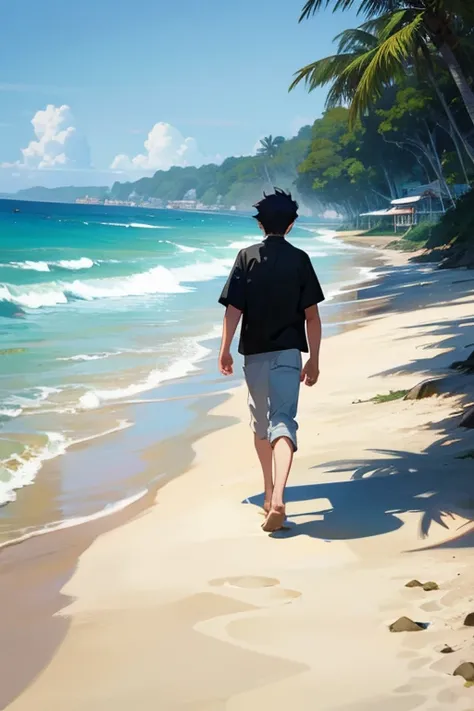 A 23 years old young boy walking to the beach anime style 