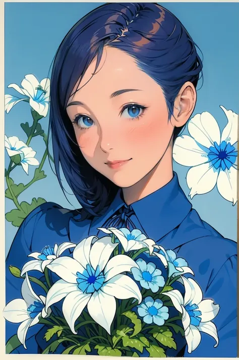 Charlie Bowter paints realistic lithograph portraits of women。Lots of very small flowers(1.7), 花びらの中がBlue and light blueでグラデーション(1.8), A lot of nemophila(1.8), Many bouquets of nemophila(1.8), Blue and light blue, Flowers, [Equipment], pipe, Dieselpunk, Mu...